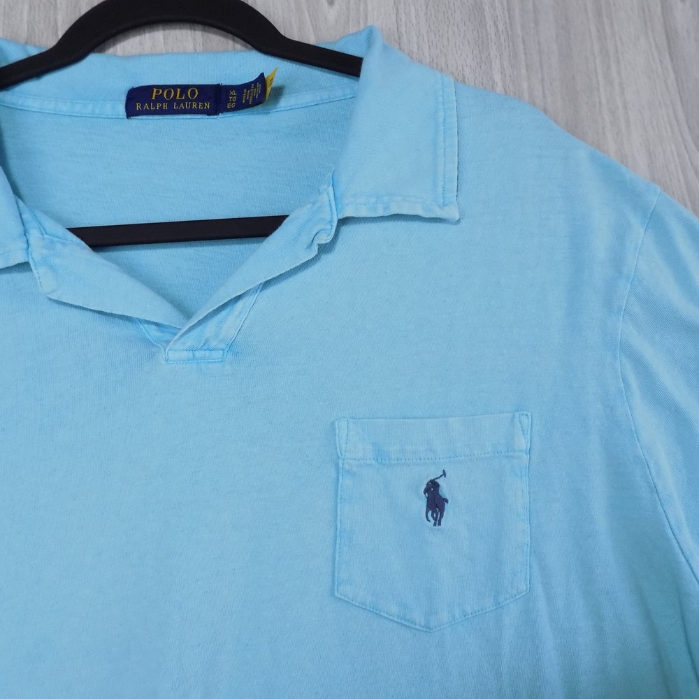 Polo Ralph Lauren Mens XL Light Blue Cotton Linen Short Sleeve Pocket Polo Shirt - Picture 3 of 7